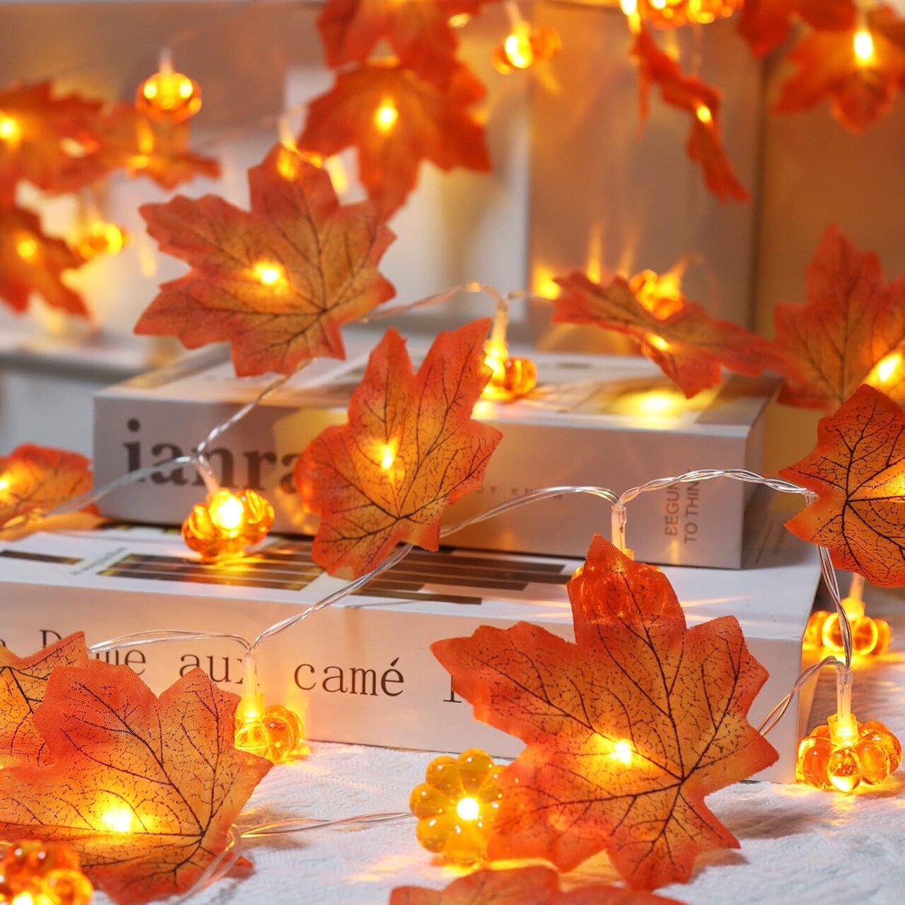 2 Pack Fall Decorations Maple Leaf Pumpkin Lights, Total 20Ft 40 LED Battery Operated 3D Pumpkin Fall Leaves Garland String Light for Home Mantel Porch Door Indoor Outdoor Halloween Thanksgiving Decor